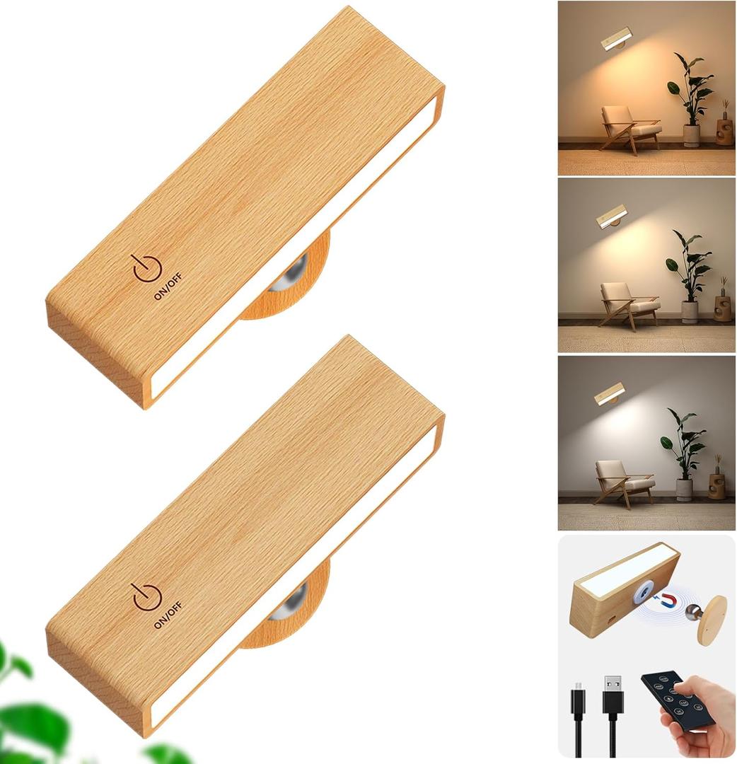 YiLaie Battery Operated Wall Sconce with Remote,Wall Sconces Set of 2,Wall Lights for Bedroom Wireless, Rotatable Cordless Wall Lamp with 3 Color Temperature for Bedroom,Living Room,Bedside Reading (Beechwood)