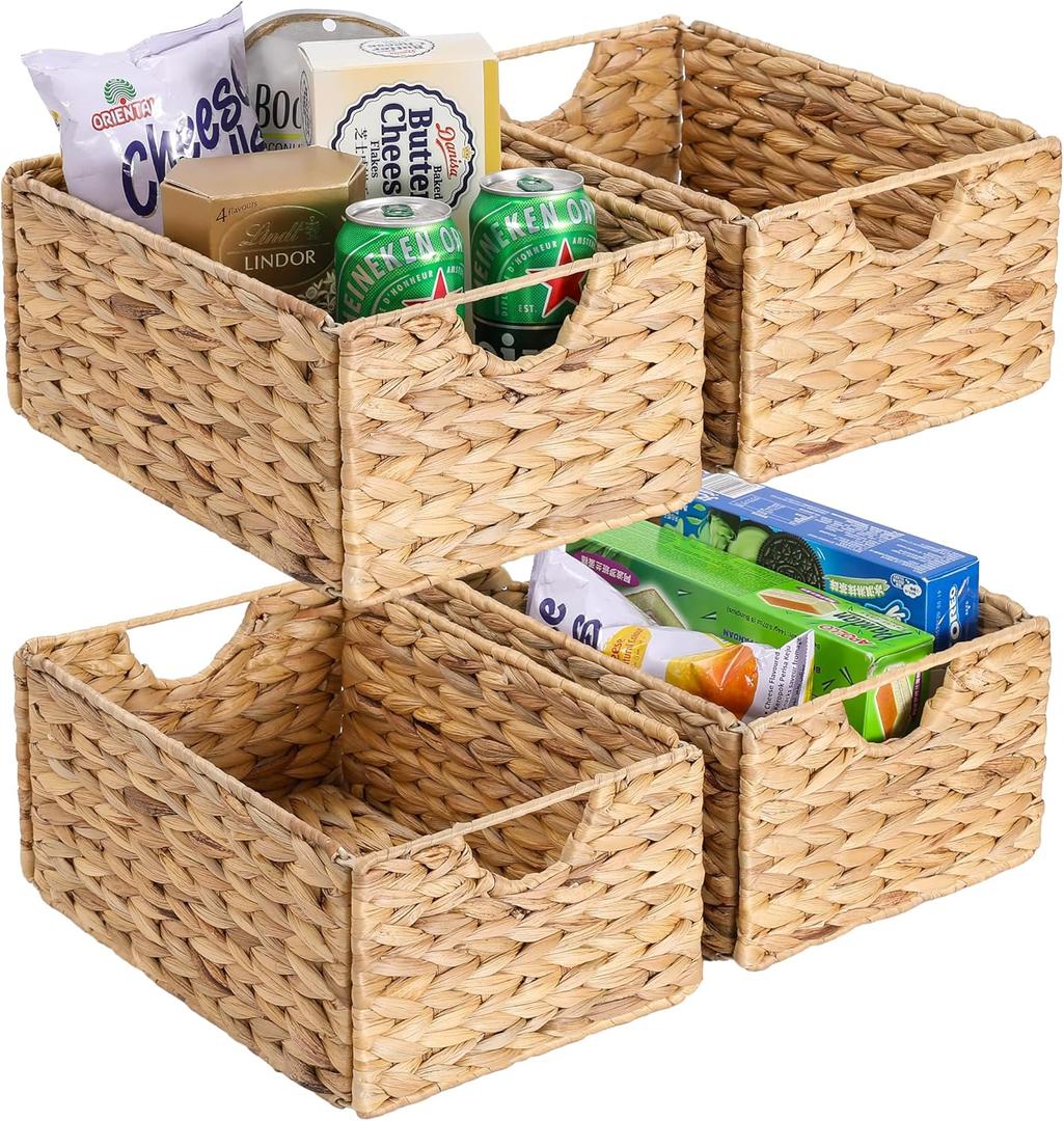 Water Hyacinth Pantry Baskets Set of 4, 12.5 x 9.5 x 6in Hanging Wicker Storage Baskets for Shelves, Pantry Baskets, Bathroom Shelves Storage Basket