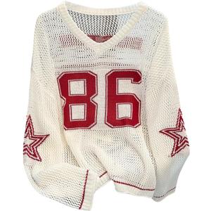 Verdusa Women's Y2k Clothes Going Out Tops Oversized Crochet Jersey Shirts Graphic V Neck Pullover Sweater (Large, White Red)