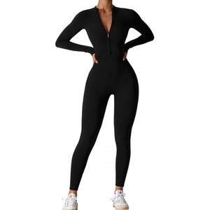 AEEZO Womens Long Sleeve Workout Jumpsuit Zip Up Yoga Rompers Sexy Tummy Control One Piece Bodycon Bottom Pants, XL