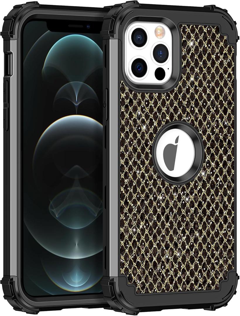 LONTECT for iPhone 12/iPhone 12 Pro Case Glitter Sparkly Bling 3 in 1 Shockproof Heavy Duty Hybrid Sturdy High Impact Protective Cover Case for Apple iPhone 12/12 Pro 6.1 inch,Shiny Black