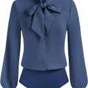 Kate Kasin Women Bow Tie Neck Office Blouse Button Down Long Sleeve Bodysuits Blouse Top, S