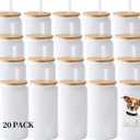 YOUKE OLA 20 Pack Sublimation Blank White Glass Cans Sublimation Beer Glass Cups with Bamboo Lids Borosilicate Glasses Tumbler Mason Jar Cups Mug with Straw for Beer, Juice, Drinks 16oz White