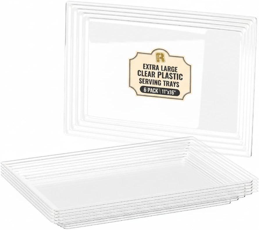 6 Pack Extra Large Plastic Serving Trays for Party - 16 x 11 Clear Plastic Tray - Heavy Duty Trays for Food - Rectangular Party Serving Trays and Platters (Clear)