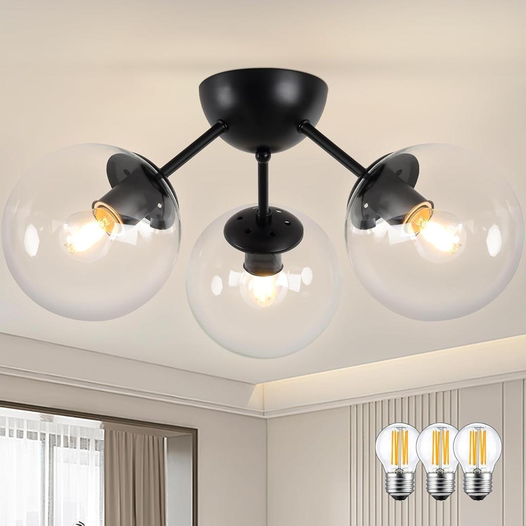 Mid-Century Modern Semi Flush Mount Ceiling Light 3 Lights Clear Glass Modern Globe Ceiling Light Matte Black Sputnik Chandeliers for Hallway Entryway Kitchen Bedroom Laundry(Bulb Incl.)