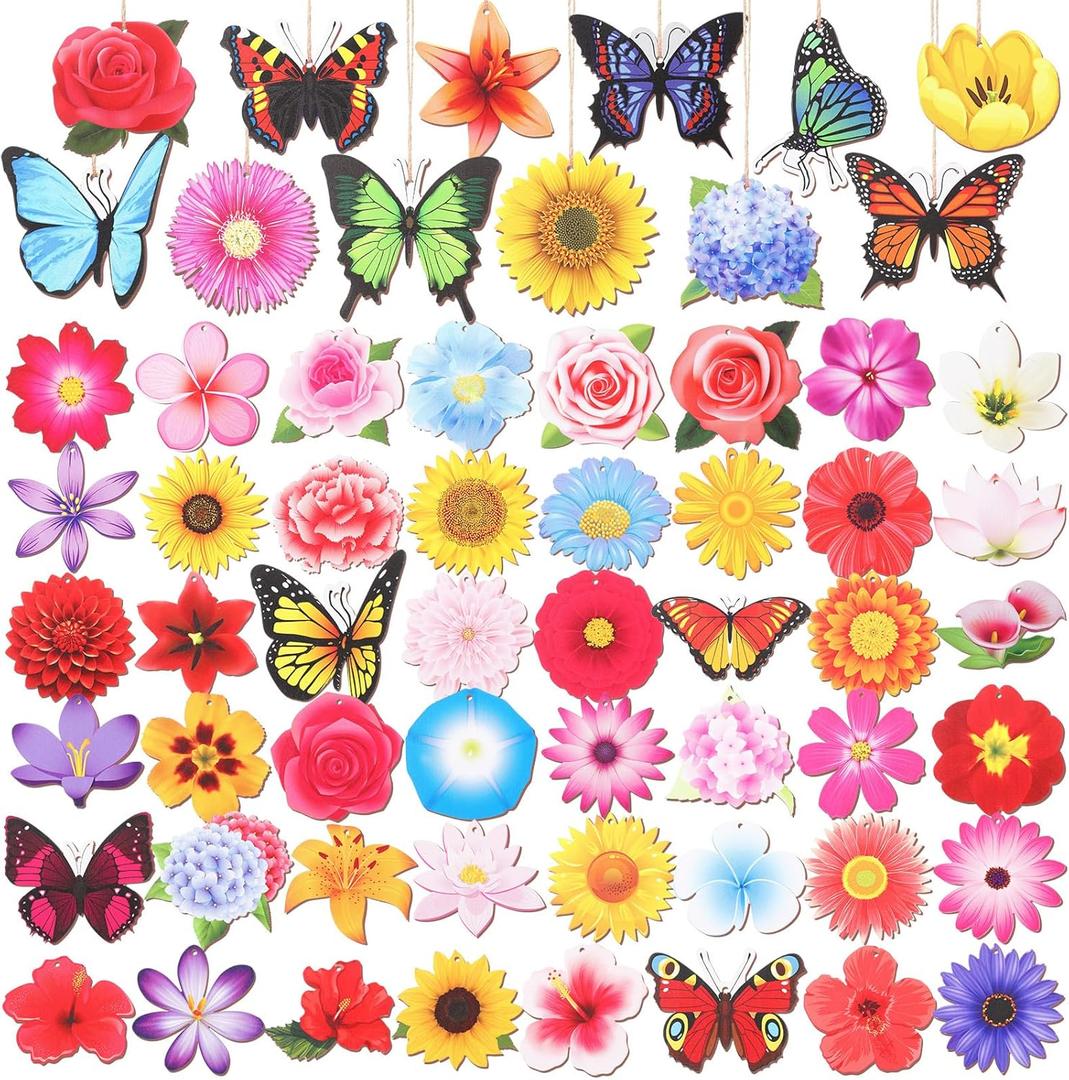 Colingmill 60 Pcs Spring Ornaments for Tree 3.15'' Wooden Flower Butterfly Sunflower Ornaments Spring Summer Wood Hanging Tree Decoration for Birthday Wedding Baby Shower Party Decoration