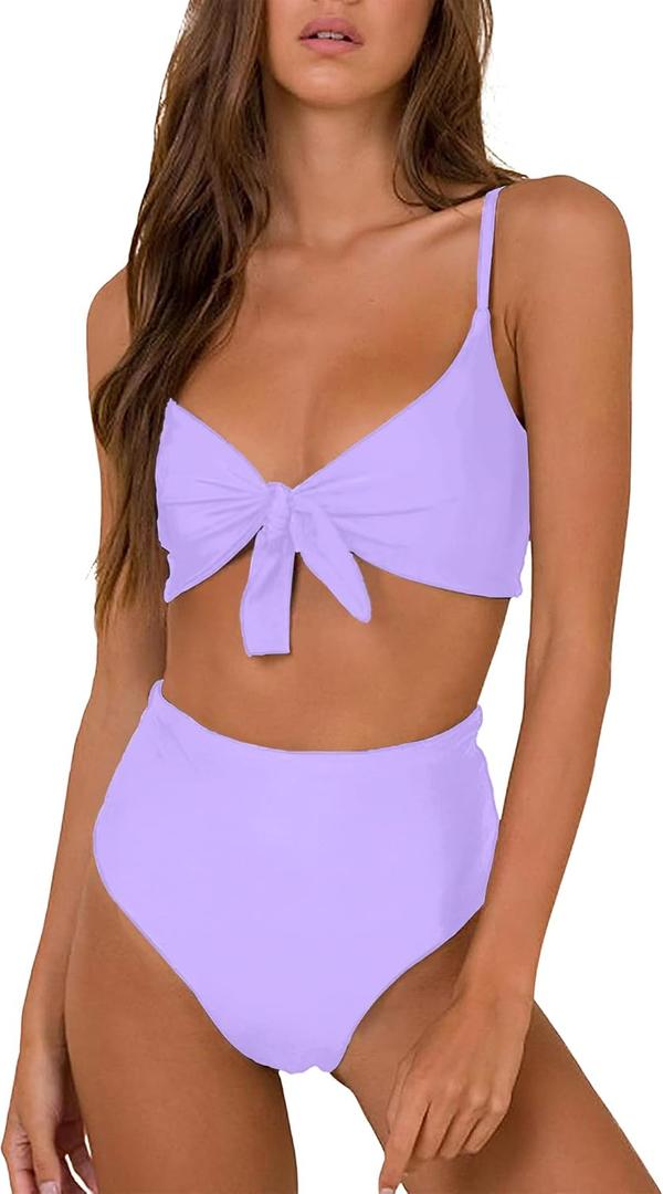 Honlyps High Waisted Bikini Sets for Women Tummy Control 2 Piece Swimsuit Cheeky Coverage Bathing Suit Tie Knot Swim Suit (Large, Light Purple)