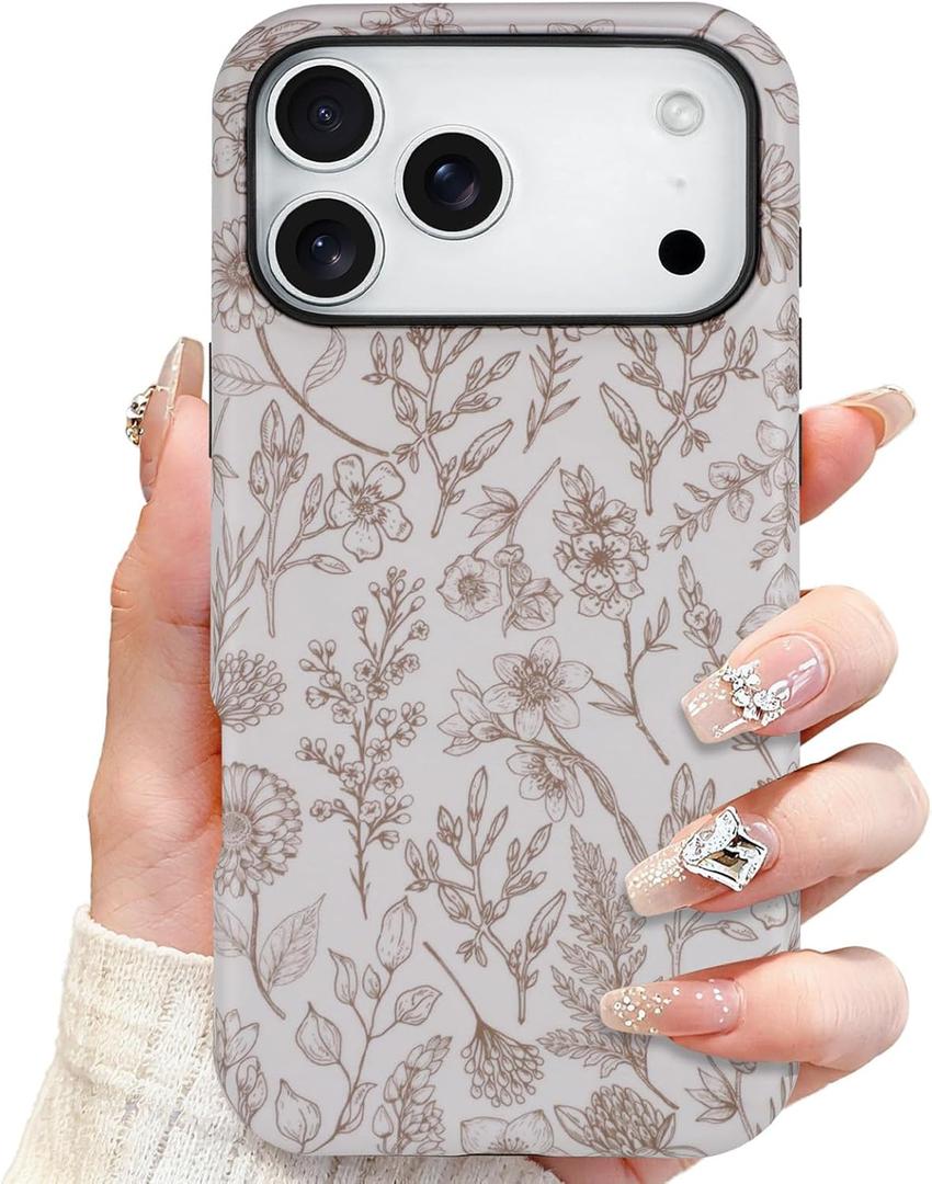 SOKAD Magnetic Sage Floral Phone Case for iPhone 17 Pro Max, Vintage Beige Flower Pattern Compatible with Magsafe Matte Protective Case Cover with Screen Protector for Girls Women
