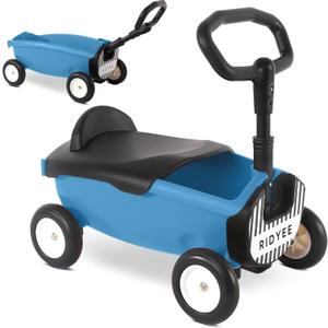 2-in-1 Toy Wagon for Toddlers 1-3, Kids Pull-Along with Removable Seat and Adjustable Handlebar, Baby Push Walker with 8L Large Basket, Steering Limit, DIY Sticker, Blue