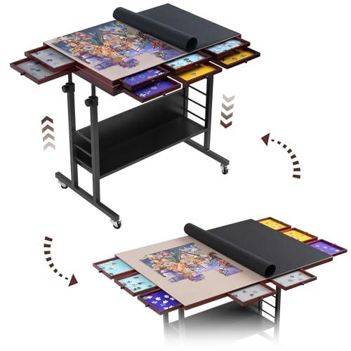 Tektalk 2000 Piece Foldable Puzzle Board with Height Adjustment, Jigsaw Puzzle Table with 2 Felt Cover & 8 Sorting Trays/Drawers, Puzzle Easel with Legs, Enclosed with 4 Roller Wheels - Black