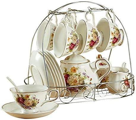 15 Piece European Ceramic Tea Sets,Coffee Set Metal Holder, White Red Rose Flower Painting