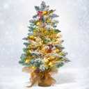 Small Mini Table top Flocked Christmas Tree with 50 LED Lights 24 Inch /2FT Little Prelit Christmas Tree Decorated Gift Boxes and Hanging Ornaments for DIY Christmas Decoration