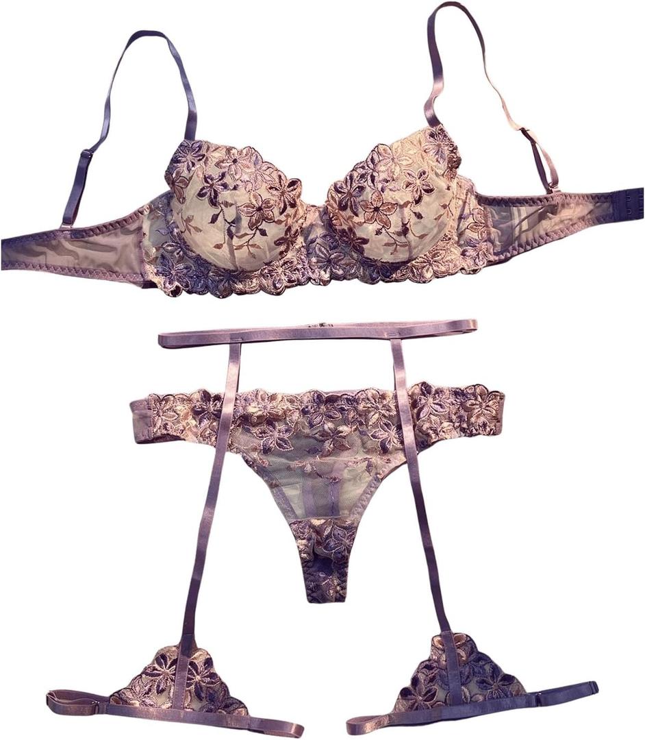 SOLY HUX Women's Floral Embroidered Push Up Lingerie Underwire Bra Panty with Garter Belt Nightwear