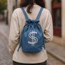 Denim Drawstring Backpack with Coin pouch, Large Money Dollar Sign Bucket Rucksack, Lightweight Sport Bags (Light Blue)