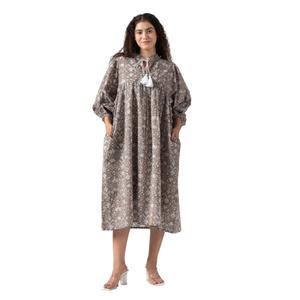 Taupe Hand Block Printed Boho Cotton Midi Dress for Women, Floral Print Maternity-Friendly Summer Tunic with Tassel & Pockets Beige, Size: Small