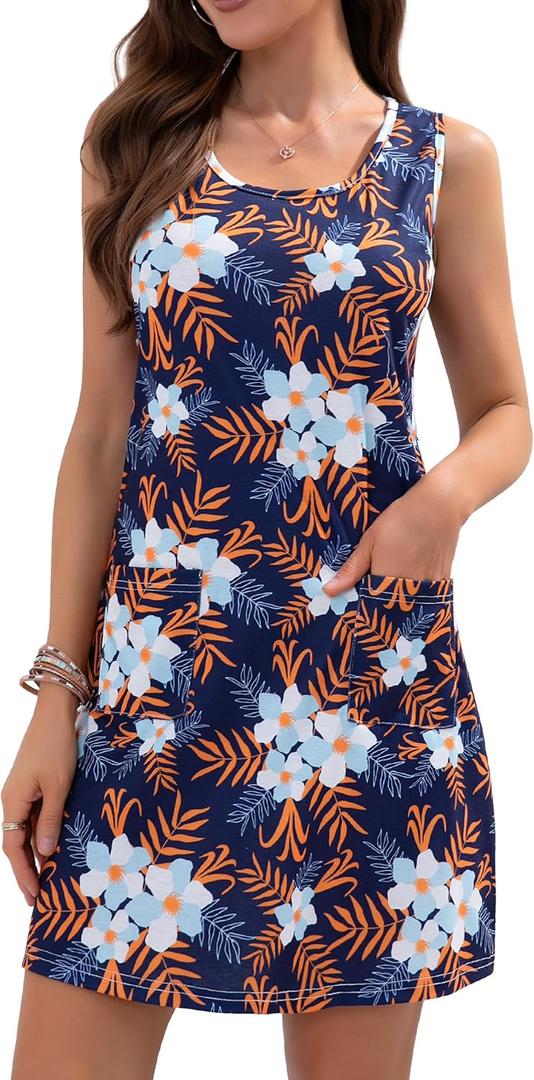 CAMSSOO Womens Summer Dresses 2025 Casual Sleeveless Beach Dress Loose Scoop Neck Boho Floral Sundresses with Pockets (X-Large, Navy Orange Floral)