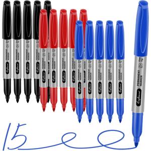Fine Point Assorted Colors Permanent Markers Set, Waterproof, Works on Paper, Plastic, Metal, etc., for Adults, Artist, Teacher, Kids, Black, Blue, Red, 15 Count
