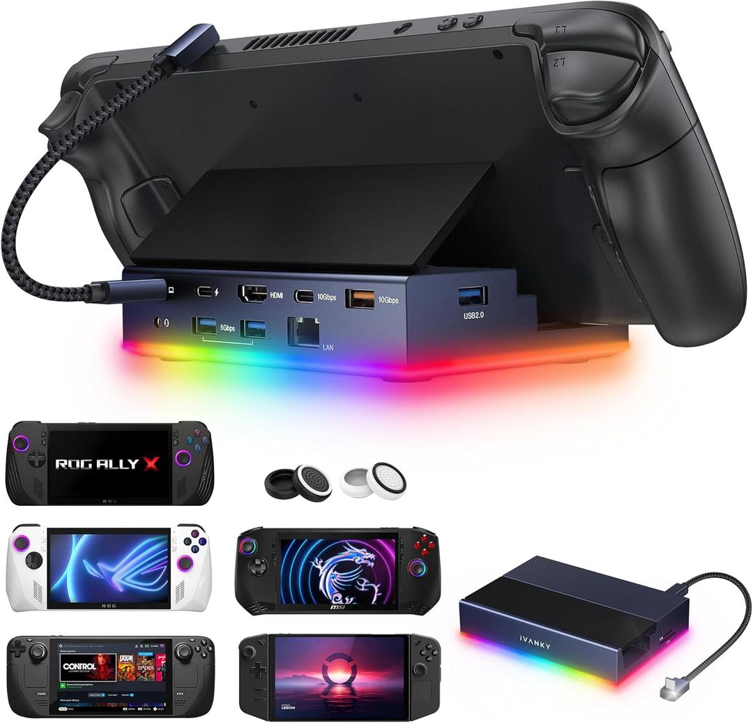 iVANKY 14-in-1 RGB 4K@144Hz Docking Station for Steam Deck OLED/ROG Ally X/Lenovo Legion Go S, Foldable Dock with HDMI Gigabit Ethernet 10Gbps USB 3.2, SD/TF Slots, 1Gbps Ethernet, 100W USB-C Charge