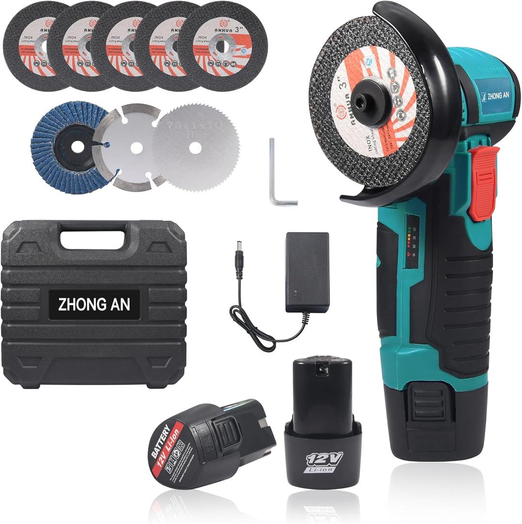 Cordless Brushless 3" Angle Grinder Kit Handheld with 5 Gutting Blades,2 Metalcutting Disc,1 Grinding Disc,2 pcs 12V 1500mAh Batteries 19500 RPM/Minfor Cutting Grinding Polishing