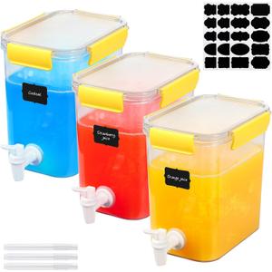 Mumufy 3 Set Plastic Drink Dispensers for Parties Beverage Dispenser for Fridge with Spigot Iced Juice Lemonade Container with Labels and Pens Summer Party Supplies(0.92 Gallon,Yellow)