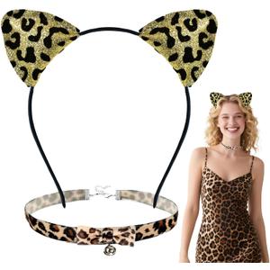 2 x Cheetah Leopard Ears Headband with Bell Choker- Leopard Print Cat Ears Headband for Cheetah Costume Women Adult, Halloween Party Cosplay Costumes Accessories