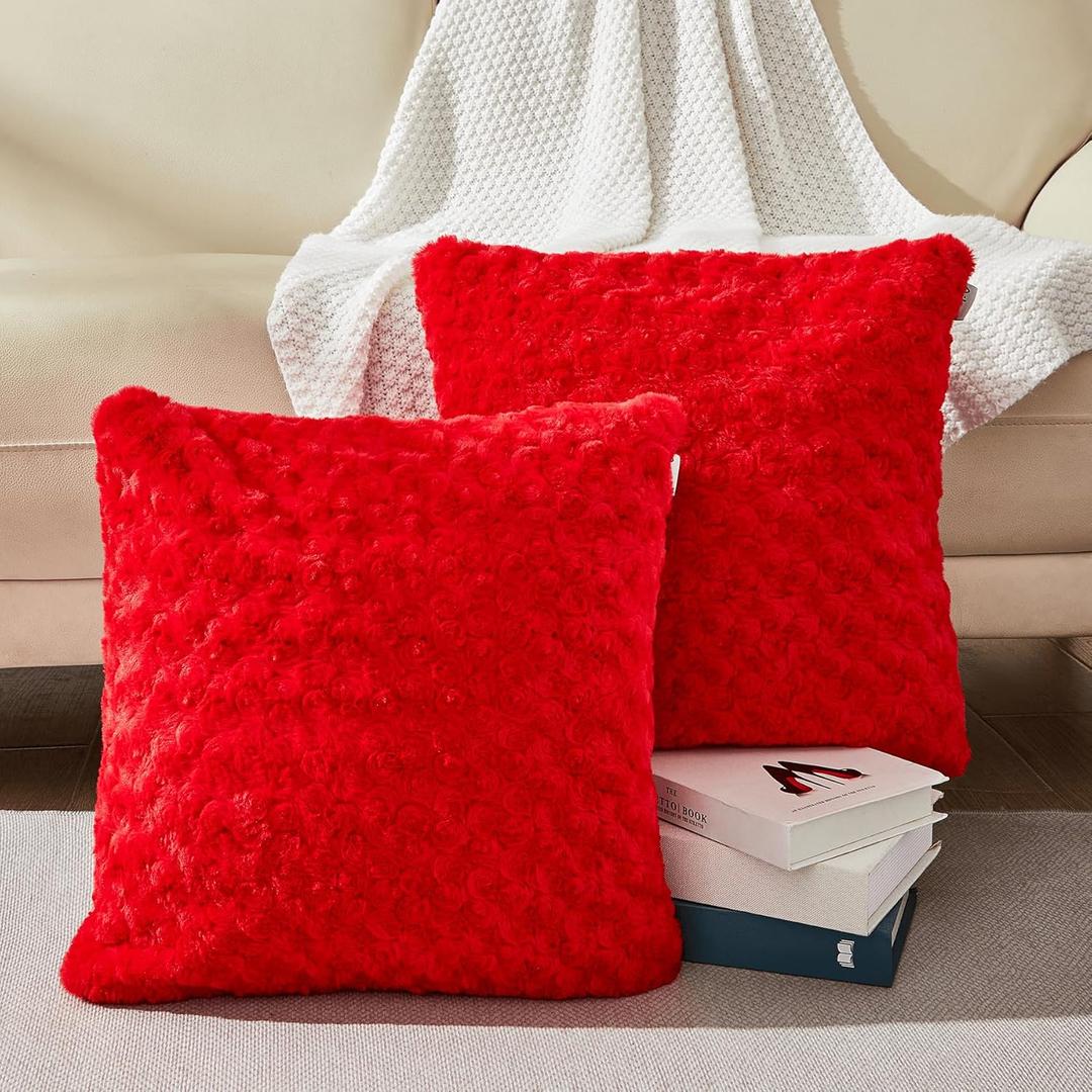 18 x 18 Red Pillow Covers Couch Throw Pillow Cases for Living Room Bed Room Faux Rabbit Fur with Rose Pattern Square Red Cushion Covers for Bed Couch Sofa Chairs