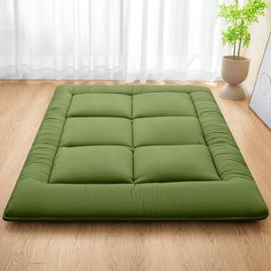 MASVIS Japanese Futon Mattress,Floor Mattress Thicken Sleeping Mattress Foldable & Portable Roll up Camping Mattress,Army Green,Queen