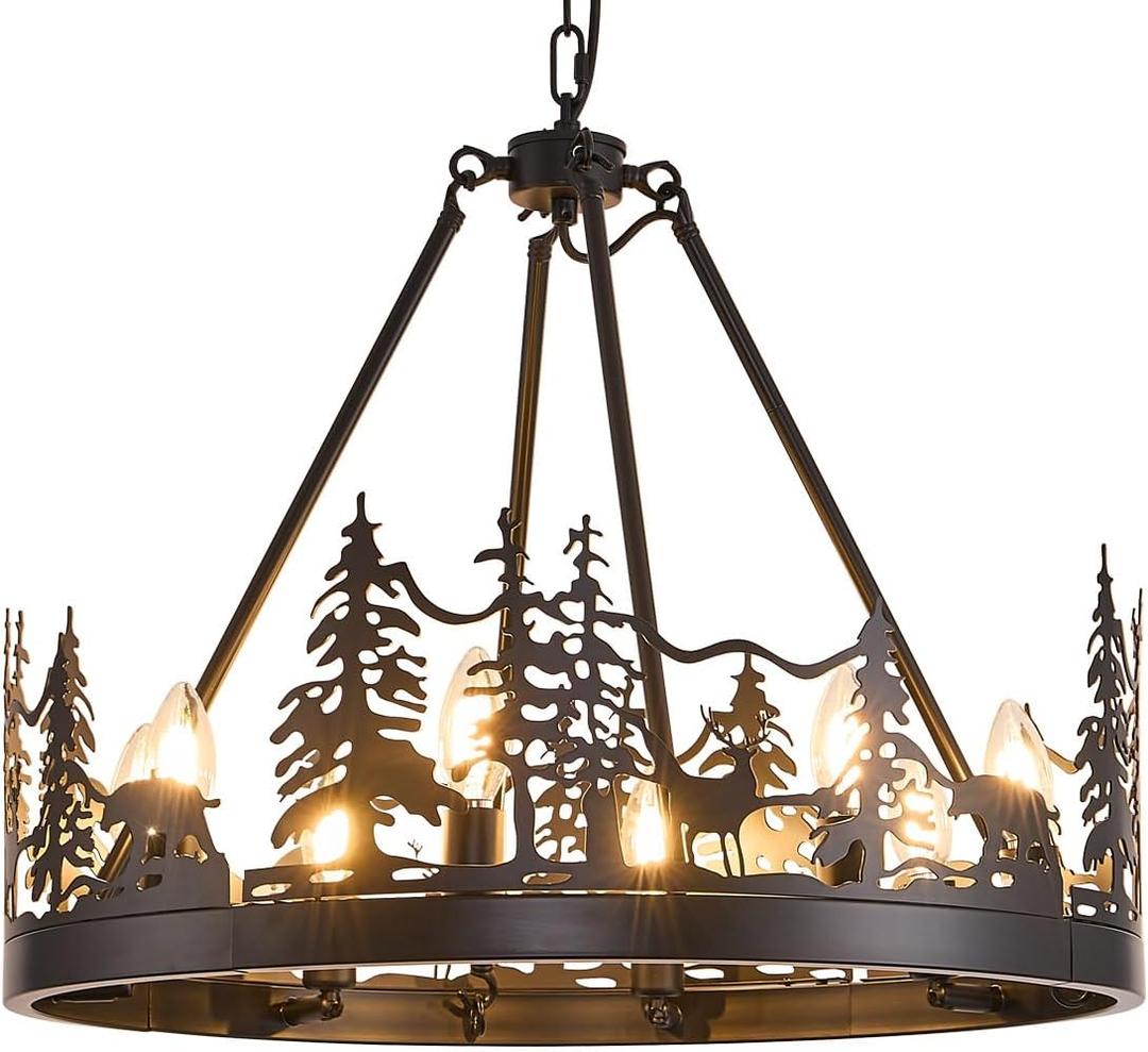 8-Light Black Wagon Wheel Chandeliers,Farmhouse Deer Country Chandelier Dining Room Light Fixtures,Round Industrial Vintage Kitchen Island Pendant Light for Living Room Entryway Foyer 30"
