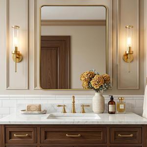 ANDY STAR 24x30 Gold Bathroom Mirror, Brushed Brass Mirror, Rounded Rectangle Mirrors for Bathroom Sink, Rustproof Tube Metal Framed, 1 Deep Wall Mounted Vertical/Horizontal