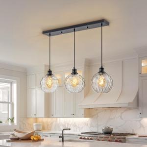 3-Light Black Island Lights for Kitchen, 31.5" Globe Pendant Light with Clear Hammered Glass Shade, Farmhouse Adjustable Hanging Light Fixtures for Dining Room Kitchen Island