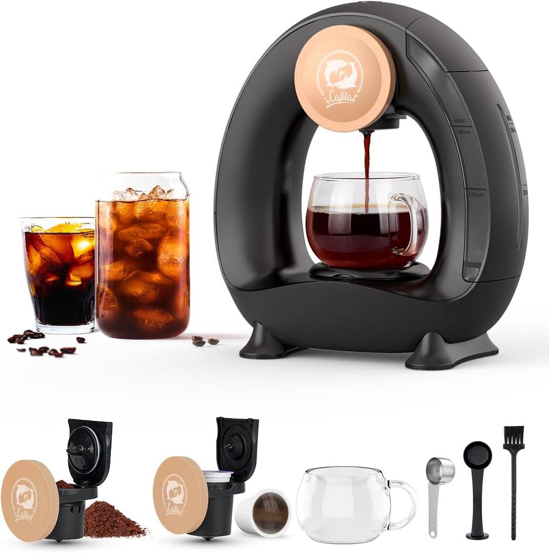 i Cafilas 2-in-1 Coffee Maker, Fast Brew in 1.5mins, Single Serve Coffee Machine Compatible with K-Cup Pods & Ground Coffee, 1400W with 20s Preheat, Compact for Home,Small Place,Office & RV, 8oz,Black