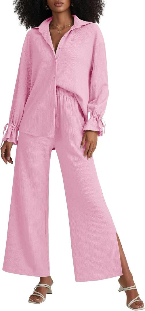 LYANER Women's 2 Piece Outfits Button Down Long Sleeve Shirt and Wide Leg Pants Set (Large, Light Pink)