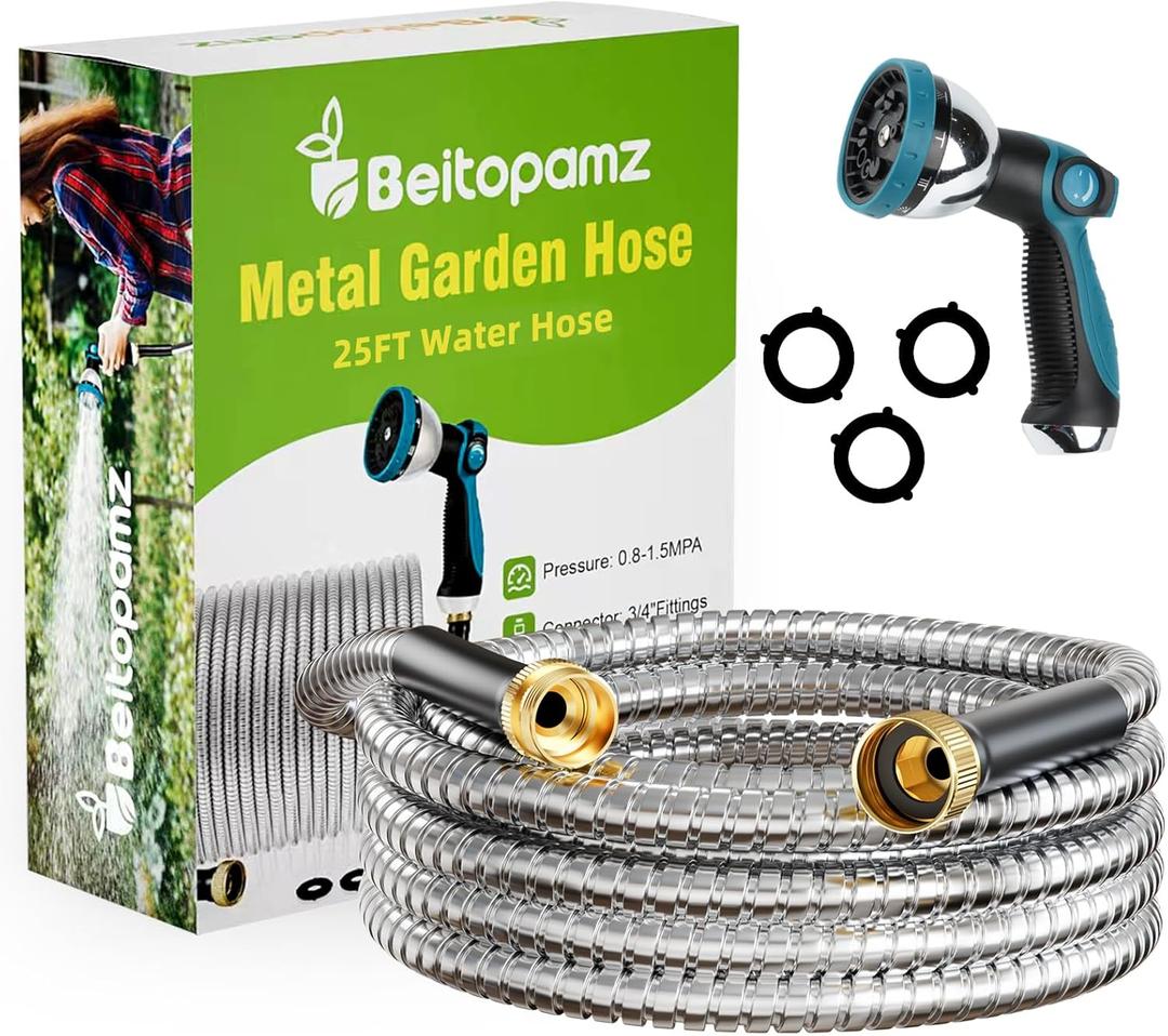 Beitopamz Garden Hose 25 ft, Stainless Steel Metal Water Hose with Nozzle, Flexible and Durable, Rust Proof, No-Kink, Heavy Duty, Leakproof 3/4'' Brass Fittings, Lightweight Hose for Patio, Lawn