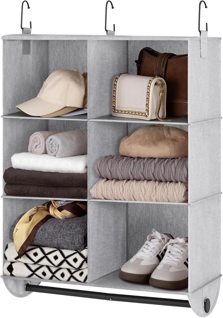 StorageWorks Hanging Closet Organizer with Garment Rod, 6-Section Clothes Storage for Closet, 24 " L x 12 " W x 33 " H, Mixing of Gray and White