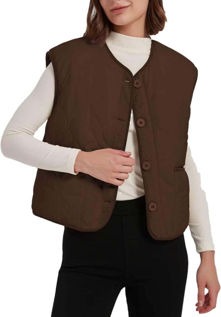 Women's Fall Quilted Puffer Vest Sleeveless Winter Reversible Sherpa Fleece Jacket Outwear with Pockets (Brown, XL)