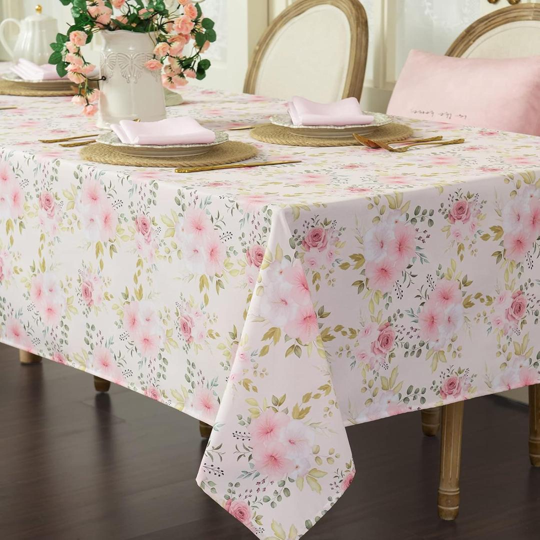Joyfol Day Flower Tablecloth, Pink Floral Table Cloth for Rectangle Tables,Waterproof Resistant Rose Table Cover for Valentines,Parties,Wedding Use Spring/Summer (54 X 78 Inch)