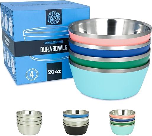 Stainless Steel Insulated Bowls - Set of 4-20 Oz Double Wall Metal Bowls for Ice Cream, Soup, Cereal, Snack, Rice Dish, Camping