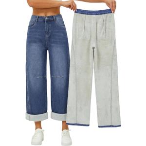 EMMIOL Fleece Lined Jeans Women Baggy, Wide Leg Denim Pants Winter Warm Loose Fit Flannel Lining Y2K Boyfriend Womens (Small, Blue)