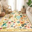 Floral 5x7 Area Rug Machine Washable Boho Carpet Non Slip Doormat Low Pile Flower Area Rugs for Living Room Bedroom Kitchen Dining Room Hallway Entryway Indoor-Ivory/Yellow