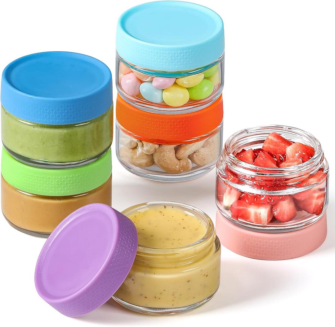 AOZITA 6 Pack Salad Dressing Container To Go, 2 oz Glass Small Condiment Containers with Lids for Lunch Box, Reusable Leakproof Sauce Cups for Picnic and Travel (Bright)