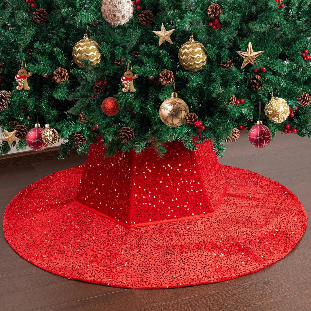Mr. Pen- Red Sequin Christmas Tree Skirt and Tree Collar, 48 Inch Sparkly Base Cover, 24.8 Inch Foldable Sparkling Sequin Trees Skirt Collar, Red Sequin Tree Skirt, Christmas Skirts for Xmas Trees