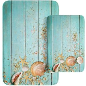 Britimes Beach Shell Sea Bathroom Rug Mat Set of 2, Boho Blue Wood Pattern Washable Cover Floor Rug Carpets Floor Bath Mat Bathroom Decorations 16x24 and 20x32 Inches