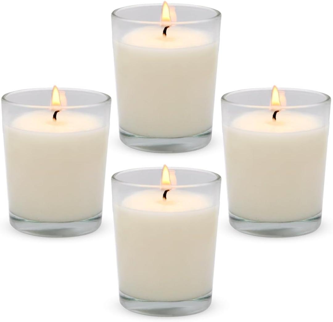 4 Packs Unscented White Votive Candles in Glass, 2 Inch Natural Soy Wax Scentless Candles for Christmas Wedding Party Home Decor Holidays Relaxation Spa, 12-15 Hour Burning Time