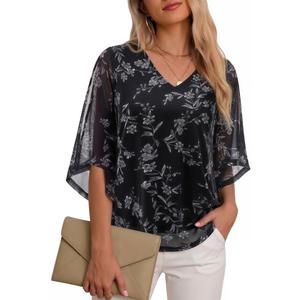 Uhiger Chiffon Blouses for Women Floral Tops for Women Bringing 3/4 Sleeve V Neck Summer Flowing Elegance During Afternoon Tea Daily Casual Leisure 2XL