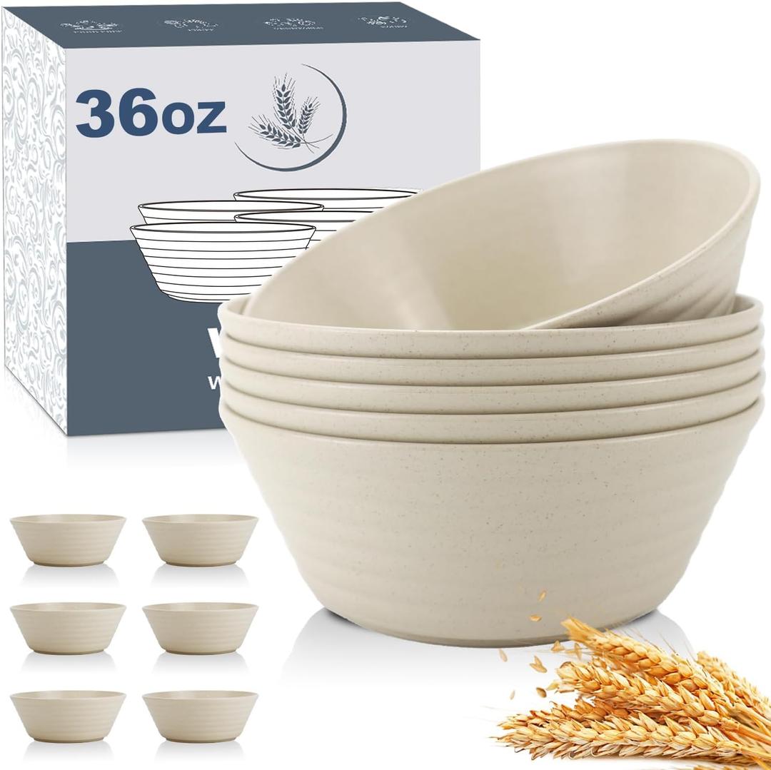 Wheat Straw Bowl Sets,6 PCS Unbreakable Cereal Bowl 36 OZ,Microwave and Dishwasher Safe Bowls,Soup Bowl Sets for Serving Soup,Oatmeal and Salad Beige