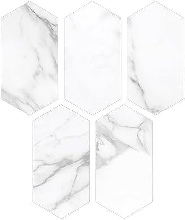 Inno Stickers Stone Backsplash Tile for Kitchen Peel and Stick,Long Hexagon Self Adhesive Tiles, White Carrara Marble Stick on Decorative Wall Tile for Kitchen, Bathroom, Fireplace, 36 Sheets