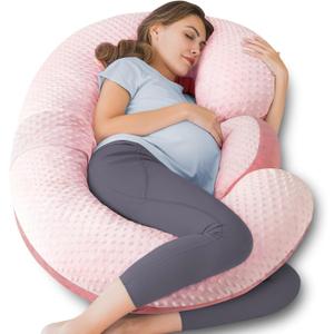 QUEEN ROSE Pregnancy Pillows - E Shaped Pregnancy Pillows for Sleeping, Detachable Body Pillow for Pregnant Side Sleeper, Pink Velvet, 60in (Classic, Polka Dot Velvet - Blush Pink)