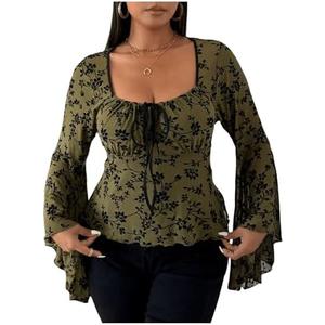 SweatyRocks Women's Plus Size Ruched Long Sleeve Mesh Top Floral Bell Sleeve Tie Front Going Out Shirt L+