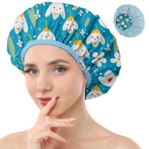 Years calm Shower Caps for Women Reusable Waterproof, Double Layer Waterproof Fabric - Both Sides Usable, Reversible Pattern & Solid Color Design, Soft Elastic Keeps Hair Dry for shower Spa Travel (Extra Large, Bell Orchid)
