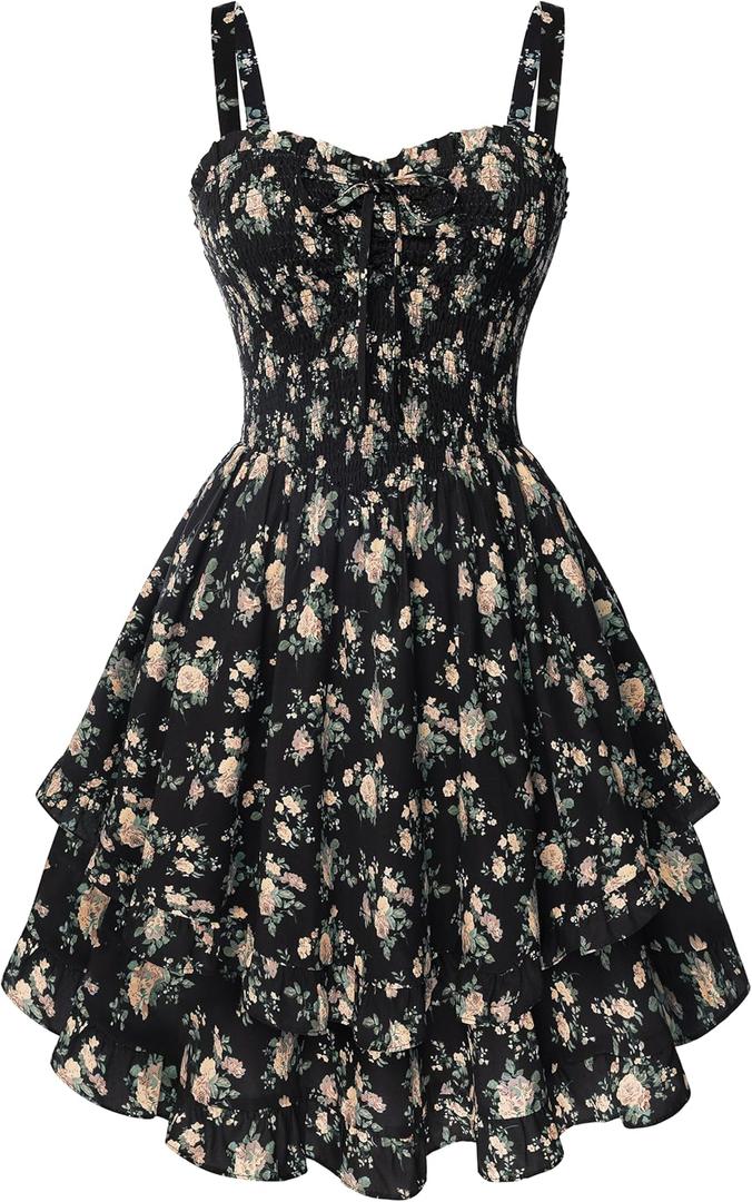 Scarlet Darkness Smocked Floral Sundresses for Women Teens 2026 Summer Flowy Ruffle Mini Dress (Black, L)